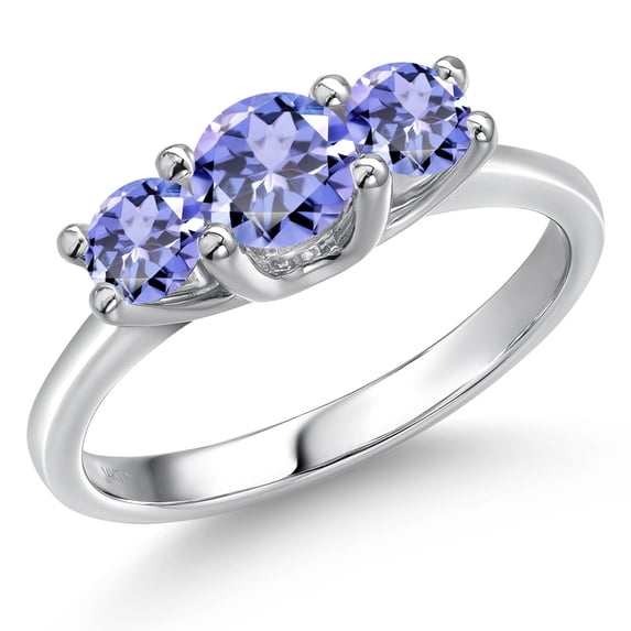 Gem Stone King 14K White Gold Blue Tanzanite 3-Stone Engagement Ring | 1.06 Cttw | Round 5MM and 4MM | Three Stone Wedding Anniversary Promise Ring for Women (Size 7)