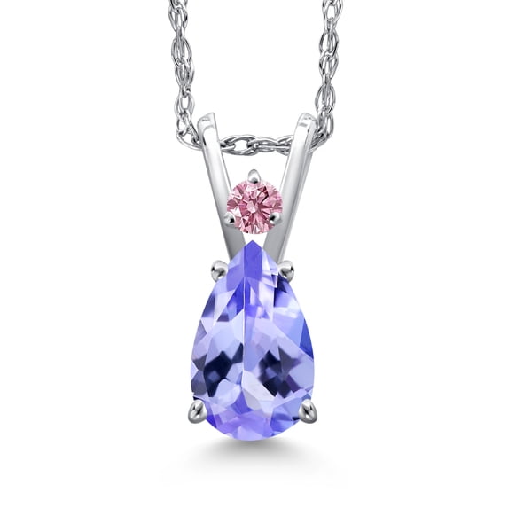 Gem Stone King 14K White Gold Blue Tanzanite and Pink Lab Grown Diamond Pendant Necklace for Women | 0.70 Cttw | Gemstone December Birthstone | Pear Shape 7X5MM | With 18 inch Chain