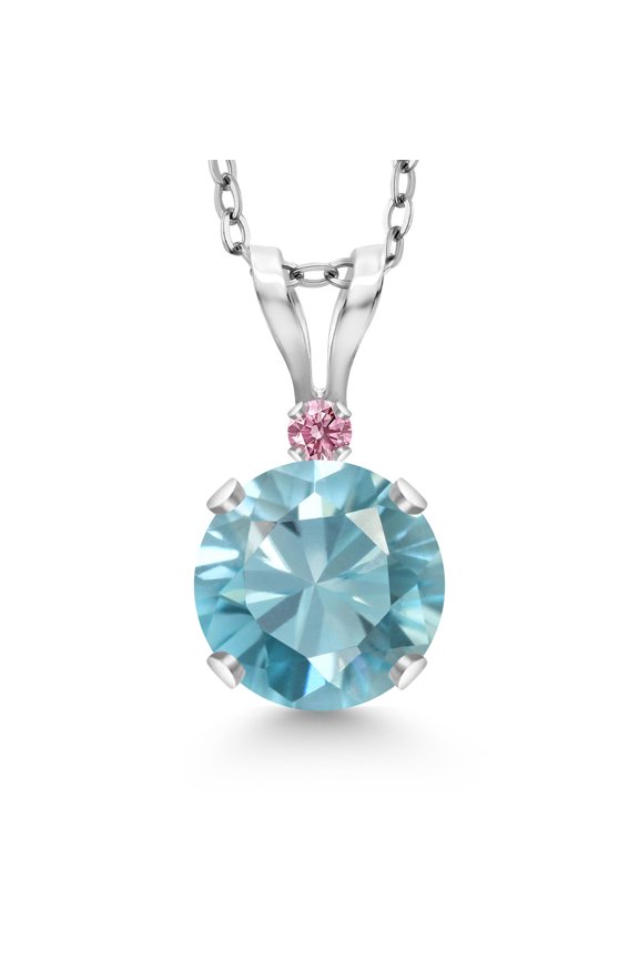 14K White Gold Blue Zircon and Pink Lab Grown Diamond Pendant Necklace for Women | 1.22 Cttw | Gemstone Birthstone | Round 6MM | With 18 inch Silver Chain