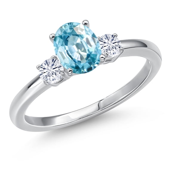 Gem Stone King 14K White Gold Blue Zircon and White Moissanite Engagement Ring for Women | 1.45 Cttw | Oval 7X5MM | Gemstone Birthstone | Size 5