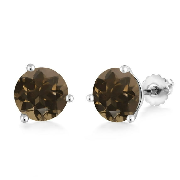 Gem Stone King 14K White Gold Brown Smoky Quartz 3 Prong Martini Screw Back Stud Earrings for Women Men (3.60 Cttw, Gemstone Birthstone, Round 8MM)
