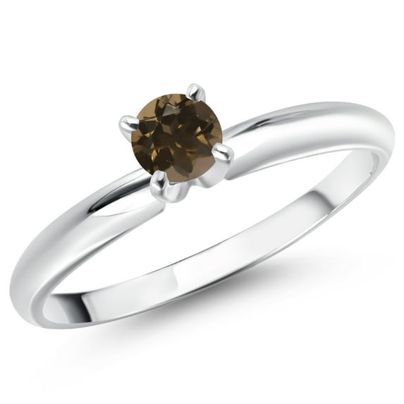 Gem Stone King 14K White Gold Brown Smoky Quartz Solitaire Engagement Ring for Women (0.26 Cttw, Round 4MM, Gemstone Birthstone, Size 7)