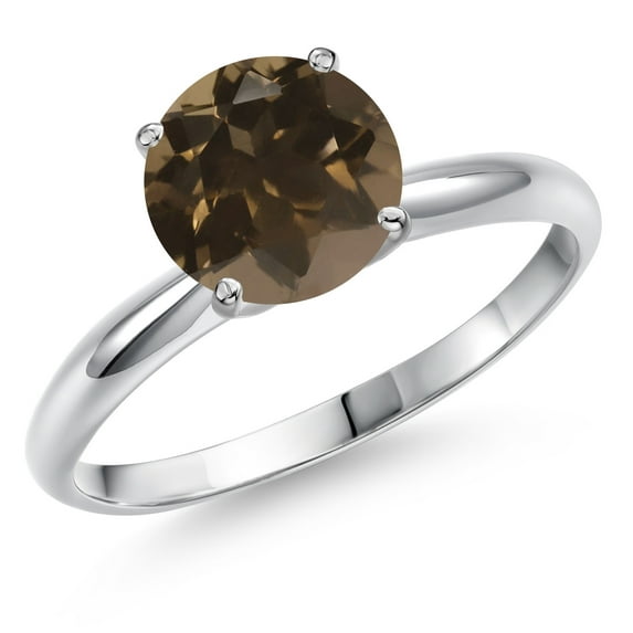 Gem Stone King 14K White Gold Brown Smoky Quartz Solitaire Engagement Ring for Women | 1.80 Cttw | Round 8MM | Gemstone Birthstone | Size 6