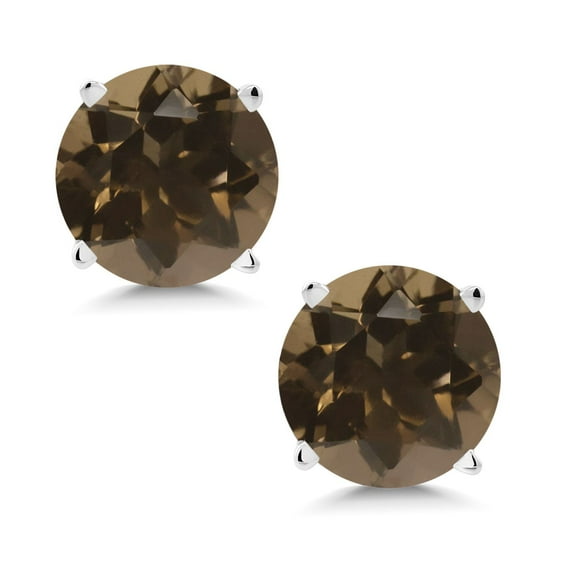 Gem Stone King 14K White Gold Brown Smoky Quartz Women Stud Earrings (1.60 Ct Round 6MM)