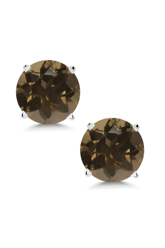 14K White Gold Brown Smoky Quartz Women Stud Earrings (1.60 Ct Round 6MM)