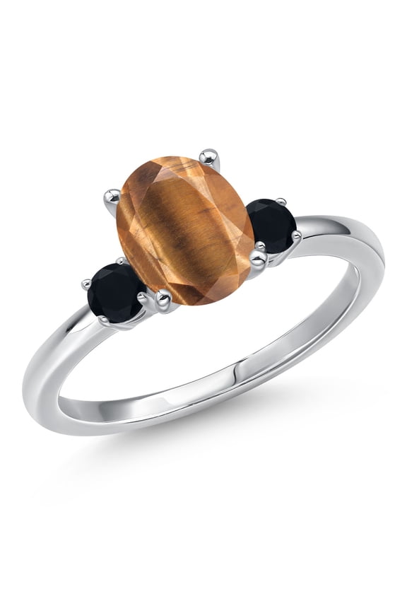 14K White Gold Brown Tiger Eye and Black Onyx Engagement Ring for Women | 1.70 Cttw | Oval 9X7MM | Gemstone Birthstone | Size 6