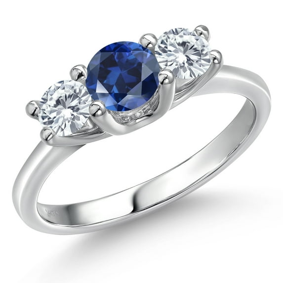 Gem Stone King 14K White Gold Created Sapphire and Moissanite 3-Stone Engagement Ring | 1.06 Cttw | Round 5MM and 4MM | Three Stone Wedding Anniversary Promise Ring for Women (Size 6)