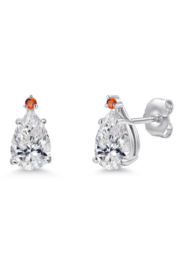 14K White Gold DEF Lab Grown Diamond and Orange Sapphire Stud Earrings for Women | 1.50 Cttw | Gemstone April Birthstone | Pear Shape 8X5MM