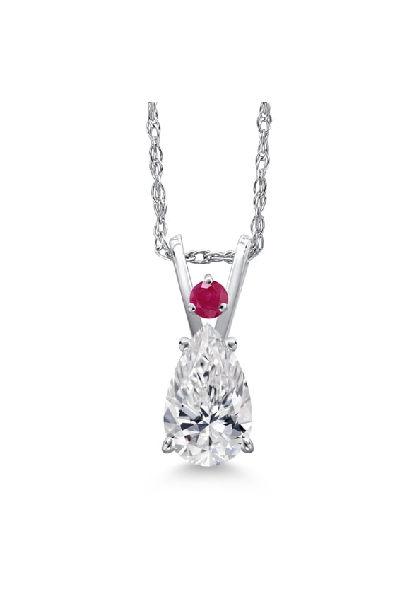14K White Gold DEF Lab Grown Diamond and Red Ruby Pendant Necklace for Women | 0.77 Cttw | Gemstone April Birthstone | Pear Shape 8X5MM | With 18 inch Chain