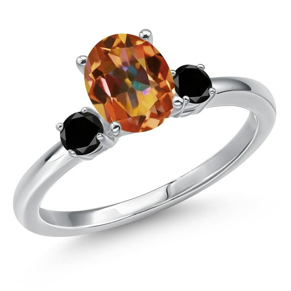 Gem Stone King 14K White Gold Ecstasy Mystic Topaz and Black Diamond Engagement Ring for Women | 1.70 Cttw | Oval 8X6MM | Gemstone November Birthstone | Size 8