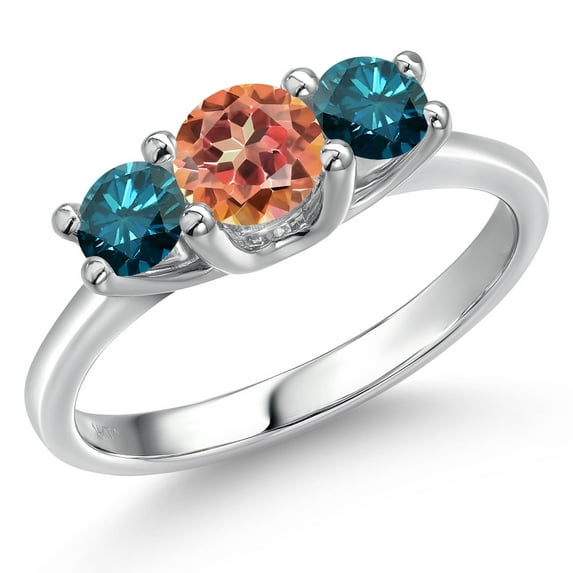 Gem Stone King 14K White Gold Ecstasy Mystic Topaz & Blue Diamond 3-Stone Engagement Ring | 1.54 Cttw | Round 5MM and 4MM | Three Stone Wedding Anniversary Promise Ring for Women (Size 5)