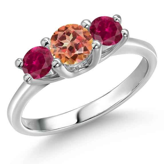 Gem Stone King 14K White Gold Ecstasy Mystic Topaz & Red Created Ruby 3-Stone Engagement Ring | 1.50 Cttw | Round 5MM and 4MM | Three Stone Wedding Anniversary Promise Ring for Women (Size 7)