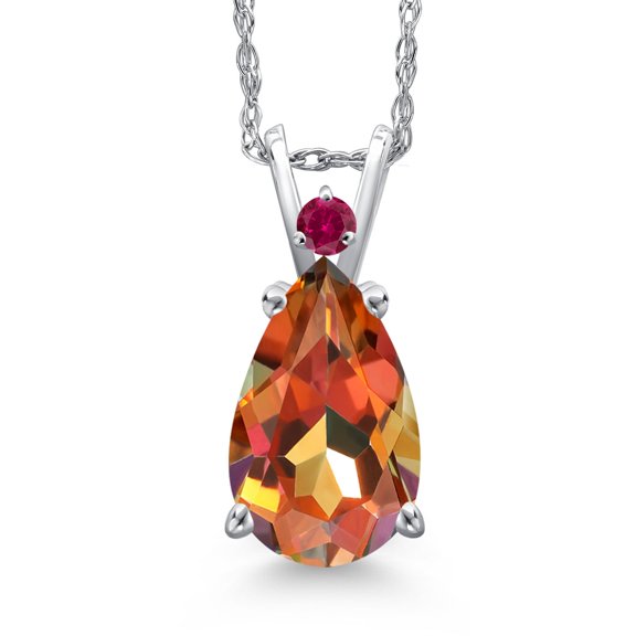 Gem Stone King 14K White Gold Ecstasy Mystic Topaz and Red Created Ruby Pendant Necklace for Women | 3.71 Cttw | Gemstone November Birthstone | Pear Shape 12X8MM | With 18 inch Chain