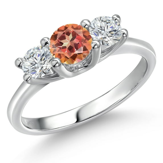 Gem Stone King 14K White Gold Ecstasy Mystic Topaz & White Lab Grown Diamond 3-Stone Engagement Ring | 1.54 Cttw | Round 5MM and 4MM | Three Stone Wedding Anniversary Promise Ring for Women (Size 6)