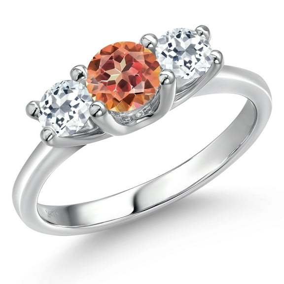 Gem Stone King 14K White Gold Ecstasy Mystic Topaz & White Topaz 3-Stone Engagement Ring | 1.66 Cttw | Round 5MM and 4MM | Three Stone Wedding Anniversary Promise Ring for Women (Size 7)