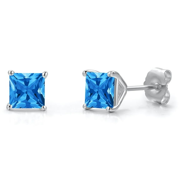 Gem Stone King 14K White Gold Fancy Blue Zirconia Double Notch Stud Earrings | 1.42 Cttw | Gemstone Birthstone | Princess 5MM | Gold Earrings for Women Men