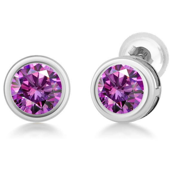 Gem Stone King 14K White Gold Fancy Purple Zirconia Stud Earrings for Women Men  (0.92 Cttw, Gemstone Birthstone, Round 5MM)
