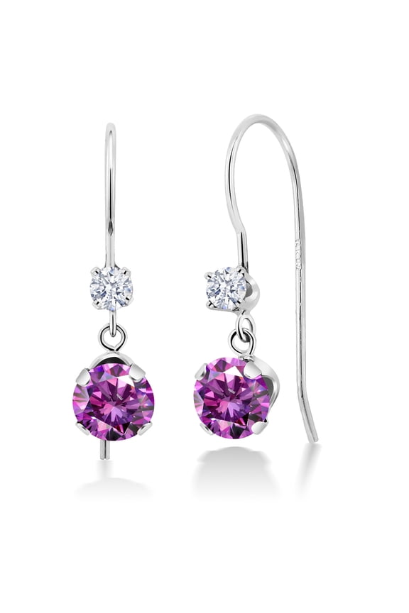 14K White Gold Fancy Purple Zirconia and White Zirconia French Wire Dangle Hook Earrings for Women (1.02 Cttw, Gemstone Birthstone, Round 5MM and 2.5MM)