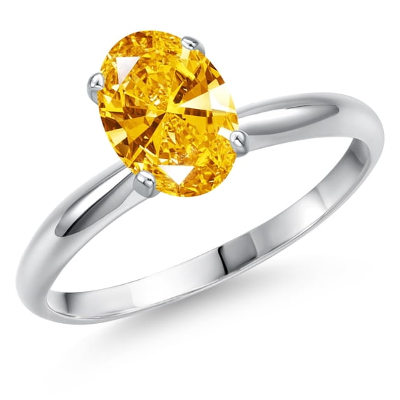 Gem Stone King 14K White Gold Golden Yellow Zirconia Solitaire Engagement Ring for Women | 1.21 Cttw | Oval 8X6MM | Gemstone Birthstone | Size 5