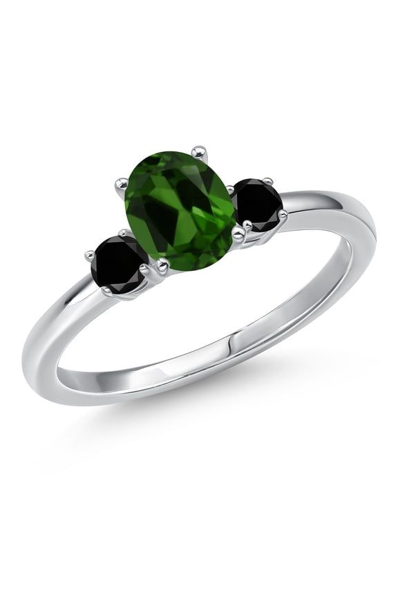 14K White Gold Green Chrome Diopside and Black Diamond Engagement Ring for Women | 0.90 Cttw | Oval 7X5MM | Gemstone Birthstone | Size 7