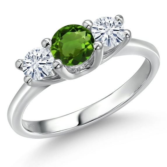 Gem Stone King 14K White Gold Green Chrome Diopside & White Moissanite 3-Stone Engagement Ring | 0.96 Cttw | Round 5MM and 4MM | Three Stone Wedding Anniversary Promise Ring for Women (Size 8)