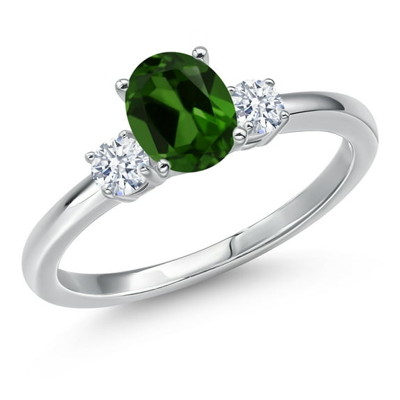 Gem Stone King 14K White Gold Green Chrome Diopside and White Zirconia Engagement Ring for Women | 0.92 Cttw | Oval 7X5MM | Gemstone Birthstone | Size 8