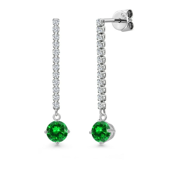 Gem Stone King 14K White Gold Green Created Emerald and White Lab Grown Diamond Long Liner Dangle Earrings for Women | 2.04 Cttw | Gemstone May Birthstone | Round 5MM | White Gold Chain Drop Earrings