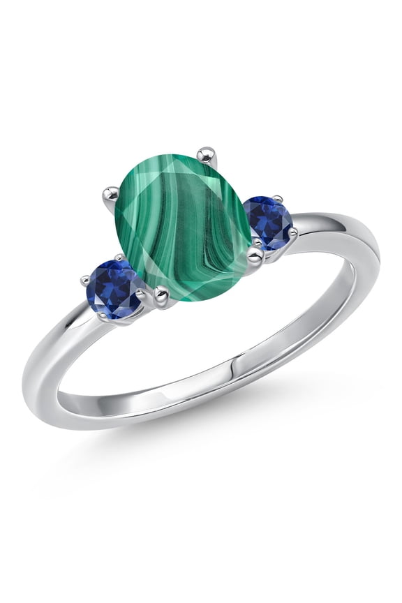 14K White Gold Green Malachite and Blue Created Sapphire Engagement Ring for Women | 2.78 Cttw | Oval 9X7MM | Gemstone Birthstone | Size 9