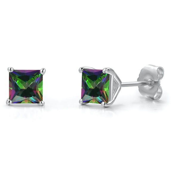 Gem Stone King 14K White Gold Green Mystic Topaz Double Notch Stud Earrings | 1.60 Cttw | Gemstone November Birthstone | Princess 5MM | Gold Earrings for Women Men