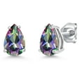 thumbnail image 1 of Gem Stone King 14K White Gold Green Mystic Topaz Double Notch Stud Earrings | 2.49 Cttw | Gemstone November Birthstone | Pear Shape 8X6MM | Gold Earrings for Women Men, 1 of 6