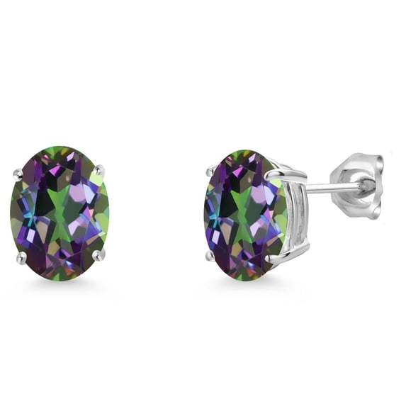 Gem Stone King 14K White Gold Green Mystic Topaz Double Notch Stud Earrings for Women Men | 4.60 Cttw | Gemstone November Birthstone | Oval 9X7MM
