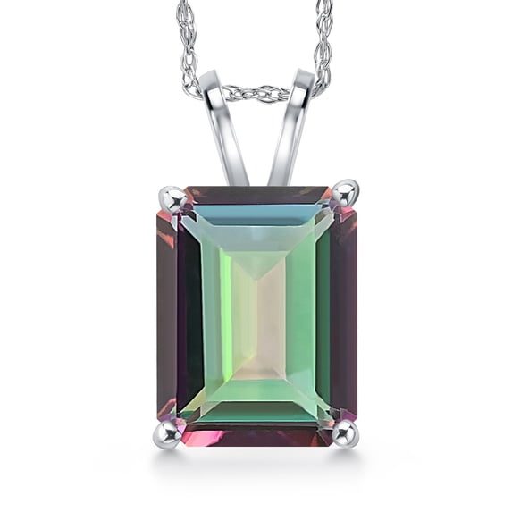 Gem Stone King 14K White Gold Green Mystic Topaz Pendant Necklace for Women | 5.62 Cttw | Gemstone November Birthstone | Octagon 11X9MM | With 18 inch Chain