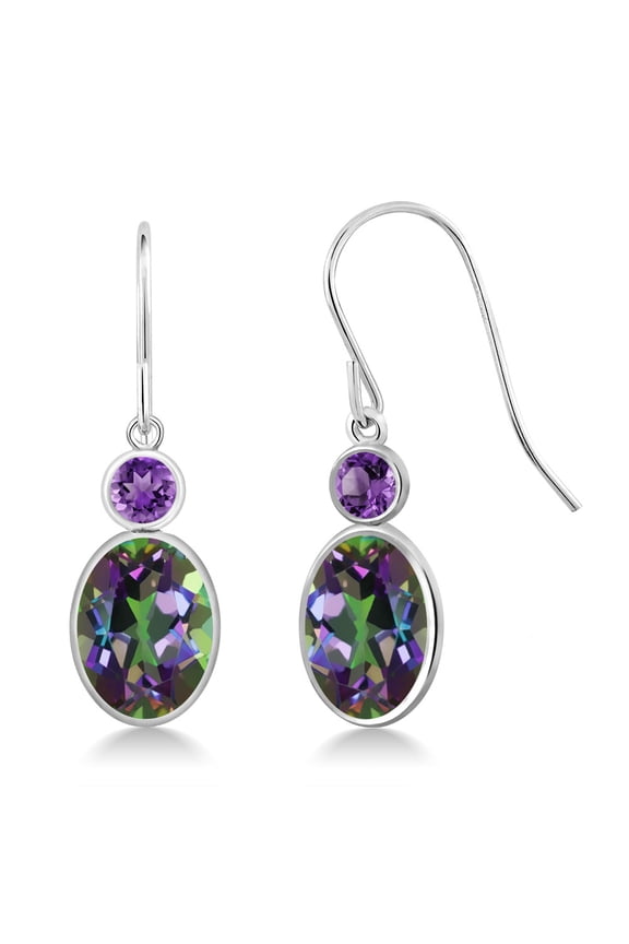 14K White Gold Green Mystic Topaz and Purple Amethyst Hook French Fish Ear Wire Dangle Earrings for Women (3.40 Cttw, Gemstone, Oval 8X6MM, Round 3MM)