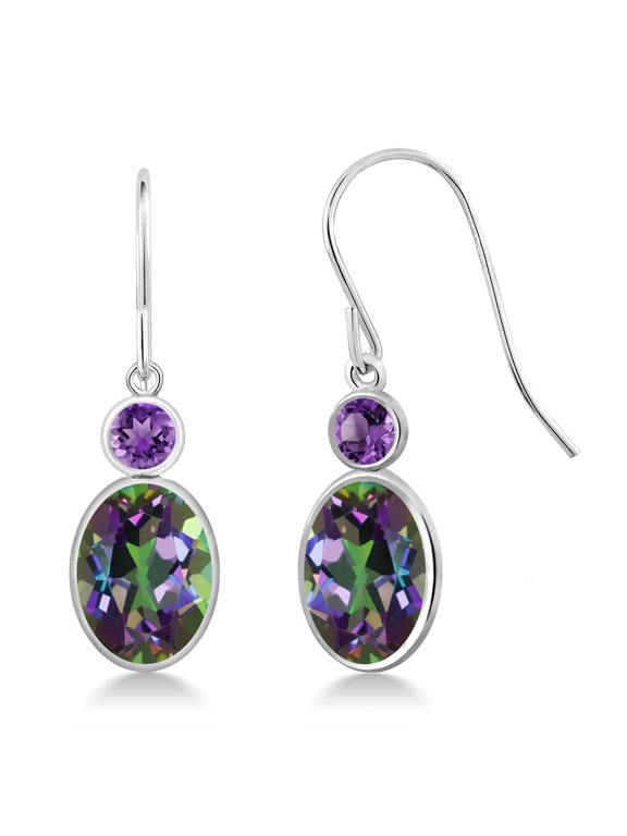 14K White Gold Green Mystic Topaz and Purple Amethyst Hook French Fish Ear Wire Dangle Earrings for Women (3.40 Cttw, Gemstone, Oval 8X6MM, Round 3MM)