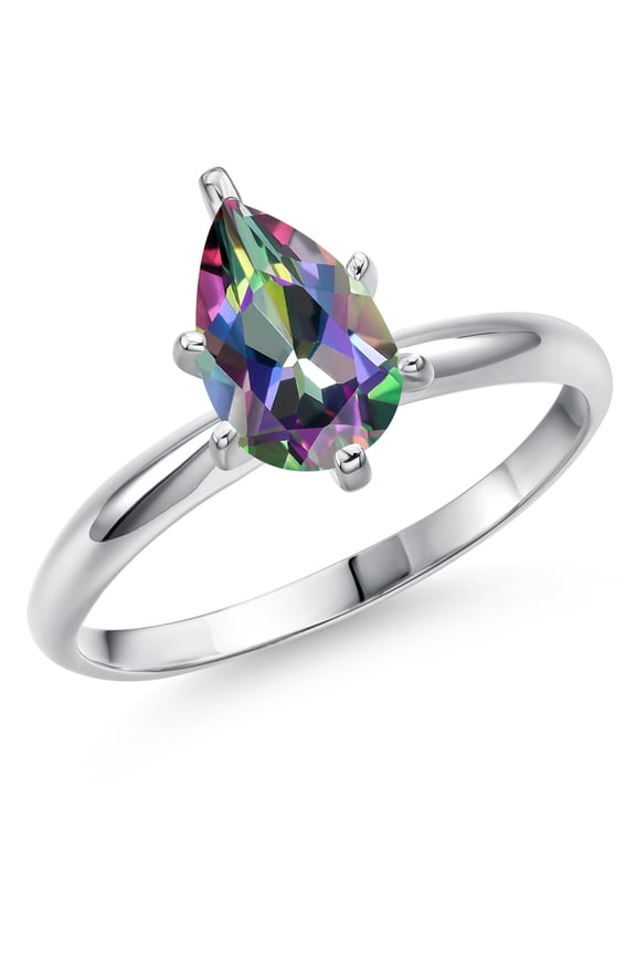 14K White Gold Green Mystic Topaz Solitaire Engagement Ring for Women | 1.60 Cttw | Pear Shape 9X6MM | Gemstone November Birthstone | Size 5
