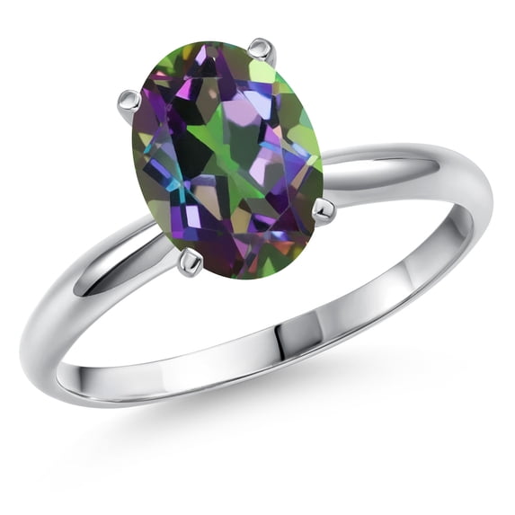 Gem Stone King 14K White Gold Green Mystic Topaz Solitaire Engagement Ring for Women | 2.30 Cttw | Oval 9X7MM | Gemstone November Birthstone | Size 5