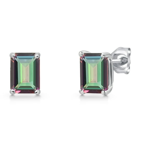 Gem Stone King 14K White Gold Green Mystic Topaz Stud Basket Setting Earrings | 2.00 Cttw | Gemstone November Birthstone | Octagon 7X5MM | Double Notch | Gold Earrings for Women Men