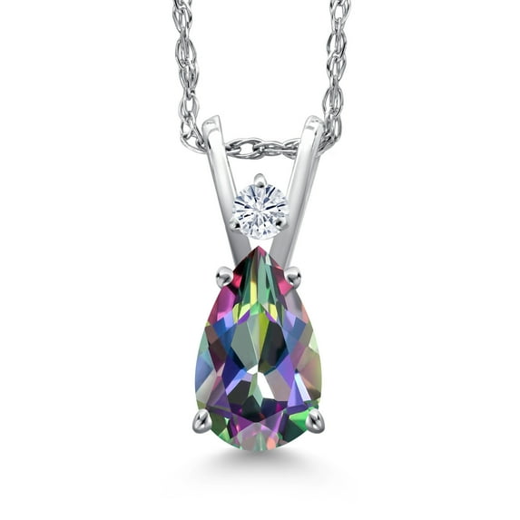 Gem Stone King 14K White Gold Green Mystic Topaz and White Moissanite Pendant Necklace for Women | 0.94 Cttw | Gemstone November Birthstone | Pear Shape 7X5MM | With 18 inch Chain