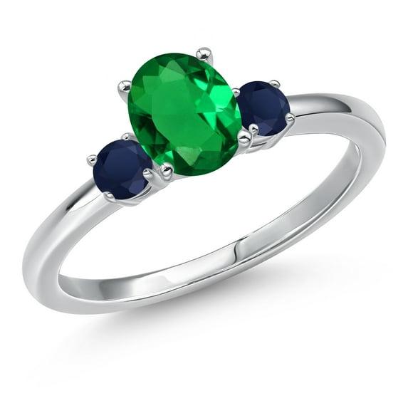Gem Stone King 14K White Gold Green Nano Emerald and Blue Sapphire Engagement Ring for Women | 0.90 Cttw | Oval 7X5MM | Gemstone May Birthstone | Size 9