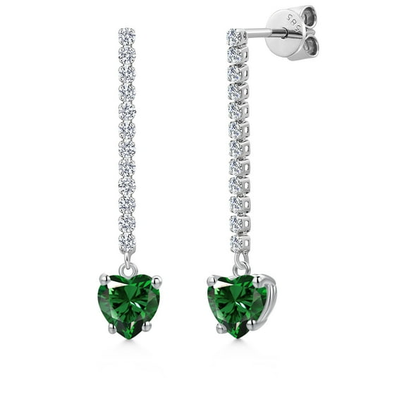 Gem Stone King 14K White Gold Green Nano Emerald and Lab Grown Diamond Dangle Earrings for Women | 1.76 Cttw | Gemstone May Birthstone | Heart Shape 6MM