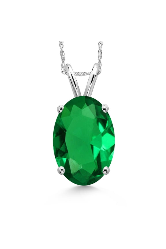 14K White Gold Green Nano Emerald Pendant Necklace for Women | 4.00 Cttw | Gemstone May Birthstone | Oval 14X10MM | With 18 inch Chain