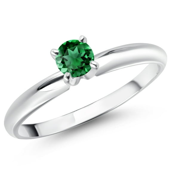 Gem Stone King 14K White Gold Green Nano Emerald Solitaire Engagement Ring for Women (0.30 Cttw, Round 4MM, Gemstone May Birthstone, Size 7)