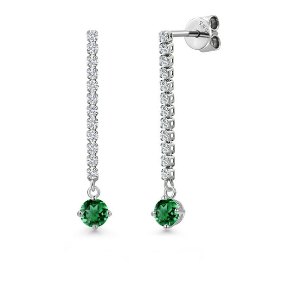Gem Stone King 14K White Gold Green Nano Emerald and White Lab Grown Diamond Long Liner Dangle Earrings for Women | 0.96 Cttw | Gemstone May Birthstone | Round 4MM | White Gold Chain Drop Earrings