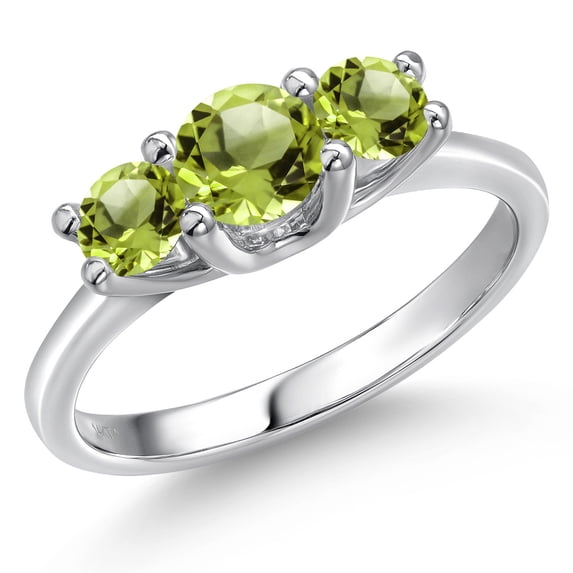 Gem Stone King 14K White Gold Green Peridot 3-Stone Engagement Ring | 1.15 Cttw | Round 5MM and 4MM | Three Stone Wedding Anniversary Promise Ring for Women (Size 8)