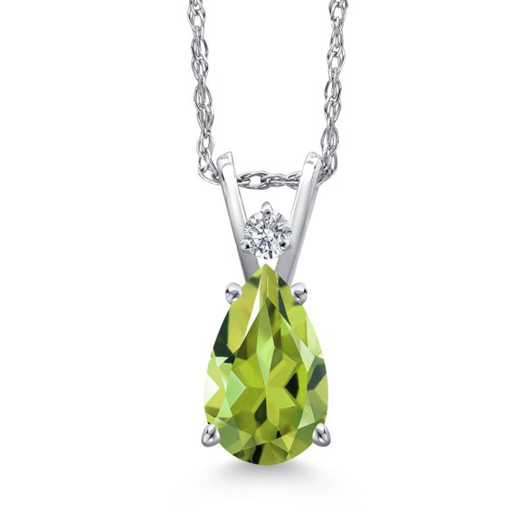 Gem Stone King 14K White Gold Green Peridot and Lab Grown Diamond Pendant Necklace for Women | 1.34 Cttw | Gemstone August Birthstone | Pear Shape 9X6MM | With 18 inch Chain