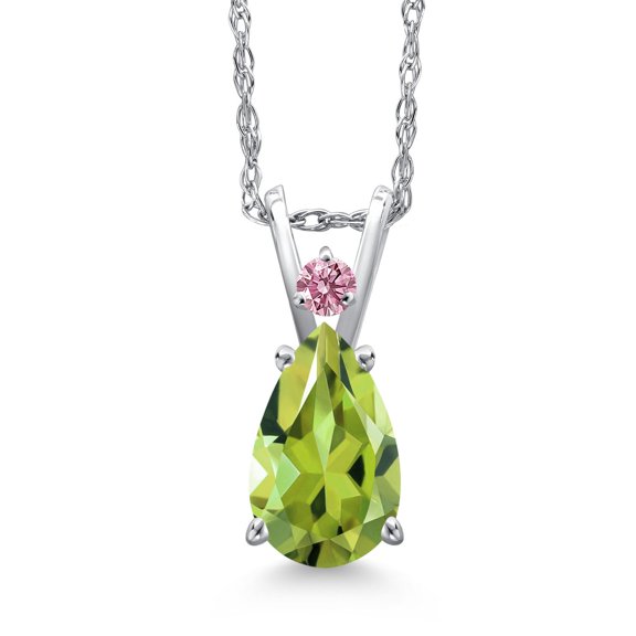 Gem Stone King 14K White Gold Green Peridot and Pink Lab Grown Diamond Pendant Necklace for Women | 1.34 Cttw | Gemstone August Birthstone | Pear Shape 9X6MM | With 18 inch Chain