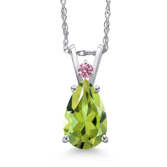 Gem Stone King 14K White Gold Green Peridot and Pink Lab Grown Diamond Pendant Necklace for Women | 1.88 Cttw | Gemstone August Birthstone | Pear Shape 10X7MM | With 18 inch Chain