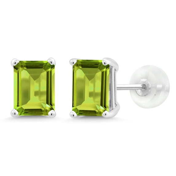 Gem Stone King 14K White Gold Green Peridot Stud Earrings for Women Men (2.00 Cttw, Gemstone August Birthstone, Emerald Cut 7X5MM)