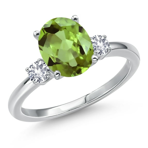 Gem Stone King 14K White Gold Green Peridot and White Created Sapphire Engagement Ring for Women | 3.06 Cttw | Oval 10X8MM | Gemstone August Birthstone | Size 7
