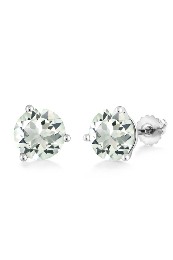 14K White Gold Green Prasiolite 3 Prong Martini Screw Back Stud Earrings for Women Men (3.70 Cttw, Gemstone Birthstone, Round 8MM)